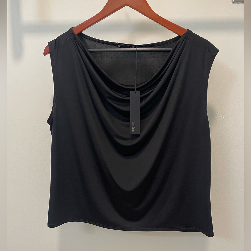 Elegant, drape neck, black short sleeve blouse. (Tags still on)